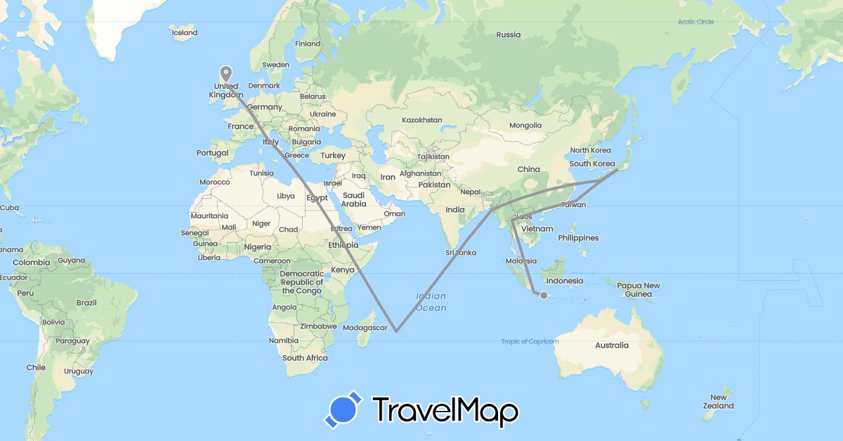 TravelMap itinerary: plane in Bangladesh, Belgium, United Kingdom, Indonesia, Italy, Japan, Mauritius, Thailand, Taiwan (Africa, Asia, Europe)